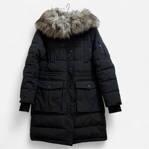 BCBG MAXAZRIA Black Puffer Faux Hooded Quilted Puffer Jacket Coat